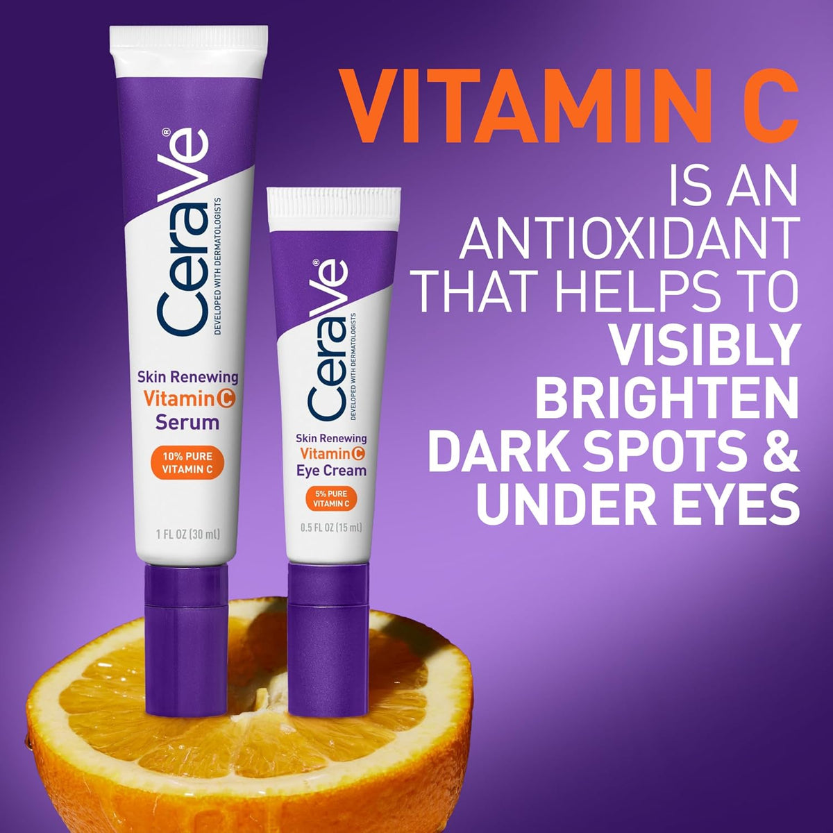 CeraVe Vitamin C Serum & Vitamin C Eye Cream Skin Care Set | Skin Brightening Serum with Hyaluronic Acid for Face & Under Eye Cream with Caffeine for Dark Circles and Puffiness